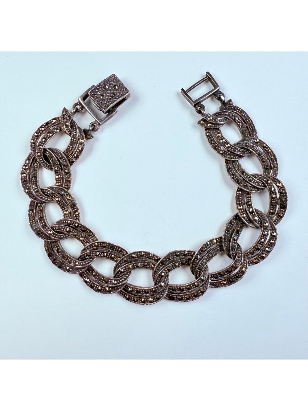 Vintage Large Marcasite 16mm Flat Curb Chain Link Sterling Silver 925 Bracelet - Picture 1 of 10
